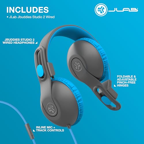 JLab JBuddies Studio 2 On-Ear Kids Wired Headphones, Grey/Blue, Toddler Headphones, Kid Safe, Studio Volume Safe, Volume Limiter, Folding, Adjustable, Noise Isolation, with Mic