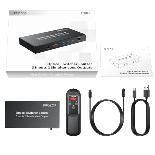 PROZOR Digital Audio Switcher Splitter - 3 in 2 Out 3 Port Spdif Toslink Optical Switch with Remote Control, Aluminum Alloy Material 2 Way Digital Audio Splitter Support LPCM 2.0 DTS Dolby-AC3 | with Remote Control Aluminum Alloy Material 2 Way 3 Port Spd