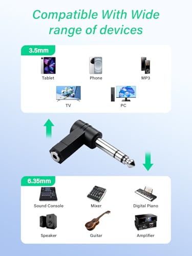 6.35mm Right Angle to 1/8" TRS Adapter,6.35mm 90 Degree Male to 3.5mm Female Stereo Audio Connector for Headphone, MP3, PC (2-Pack)