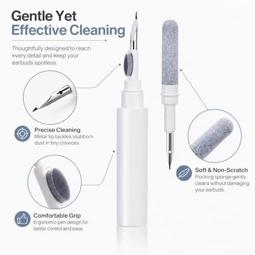 White Multi-Functional Earbud Cleaning Pen Kit, Wireless Earphone Cleaner Tool with Storage Case, Fluff Brush & Metal Pick for Bluetooth Earbuds Charging Case, Phone Port Camera Lens Cleaning Tool - color: White