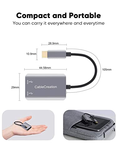 CableCreation USB Type C Splitter,2-in-1 USB C Audio Adapter and PD Charger | Type C Aux Dongle Compatible with iPad, MacBook, iPhone 16 15 Pro Max Plus, Galaxy S24/S23/S22+, Pixel 9/8/7+, Grey - style: USB C+USB C Audio (with tail)