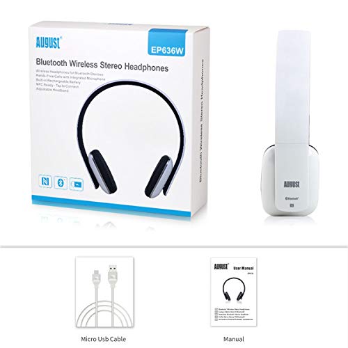 August EP636 Wireless Bluetooth On-Ear Headphones, White | NFC Pairing, Built-in Headset Microphone, Hands-Free Calling - color: White
