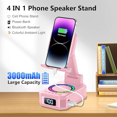 Gifts for Women, Phone Stand with Wireless Bluetooth Speaker and Anti-Slip Base, Gadgets for Anniversary Idea Gift, Phone Charger Stand with LED Lights, Kitchen Gadget Compatible with IOS Android - color: Light Pink