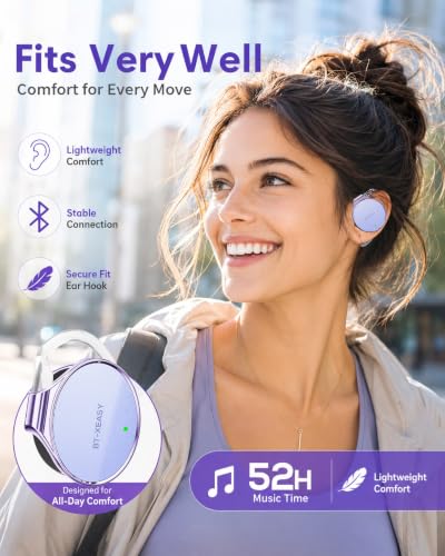 On Ear Headphones Bluetooth 5.4, Noise Cancelling Open Ear Headphones Wireless, Water-Drop Shaped Clip On Sport Headset Bluetooth with 4 Microphone, Comfort Fit Earphones with Long Battery Life - color: Light-Lavender
