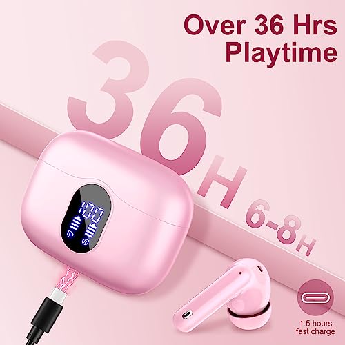 Btootos Wireless Earbuds Bluetooth 5.4 Headphones Bass Stereo Ear Buds with Noise Cancelling Mic LED Display in Ear Earphones IP7 Waterproof 36H Playtime for Laptop Pad Phones Sports Workout Pink | Ear Buds with Noise Cancelling Mic LED Display, 36H, IP7