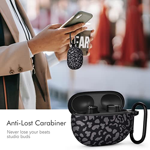 AIRSPO Silicone Case Compatible with Beats Studio Buds Case 2021 Soft Protective Cover for Beats Wireless Earbuds with Keychain (Black Leopard) - color: Black Leopard