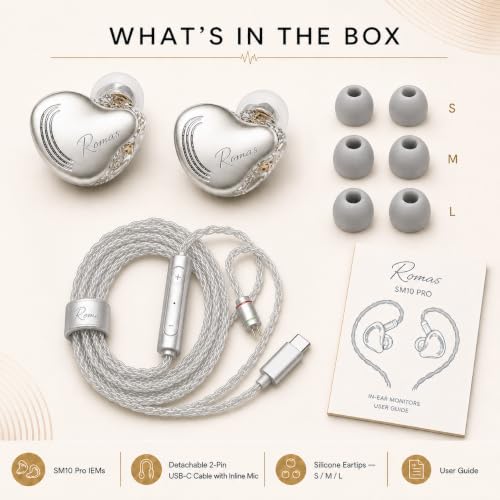 Rosmas Wired Earbuds with Mic, USB-C Wired Earbuds HiFi Earphones,SM10 Pro 5-Driver Hybrid IEM Earphones, 4BA+1DD Driver System, Detachable 2-Pin Cable, in Ear Monitors for Gaming Music Calls,Sliver - color: Silver