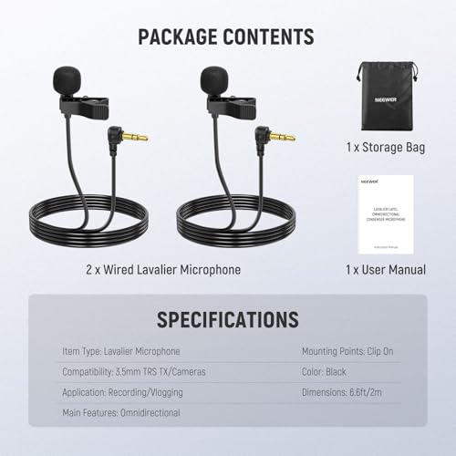NEEWER Mini Lavalier Microphone (2 Pack), 6.6ft/2m Clip On Wired Condenser Lapel Mic with 3.5mm TRS Plug, Compatible with DJI Mic 2, Rode Wireless Go II, CM28 CM31 Camera, LM5 | Wired, Condenser, 3.5mm TRS Plug, Compatible with DJI Mic 2 Rode Wireless Go
