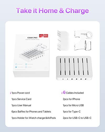 SooPii 6-Port USB C Charging Station for Multiple Devices,2 PD 20W Fast Charging for lPhone 15 and More,6 Charging Cables and 2in1 Holder for IWatch Charger & Air Pods Included
