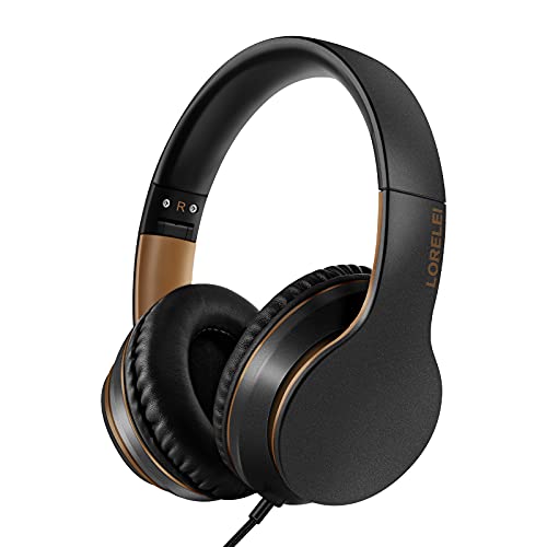 LORELEI X6 Over-Ear Headphones With Microphone, Lightweight Foldable & Portable Stereo Bass With 1.45M No-Tangle Wired for Smartphone Tablet MP3/4 (Black-Gold) - color: Black-Gold
