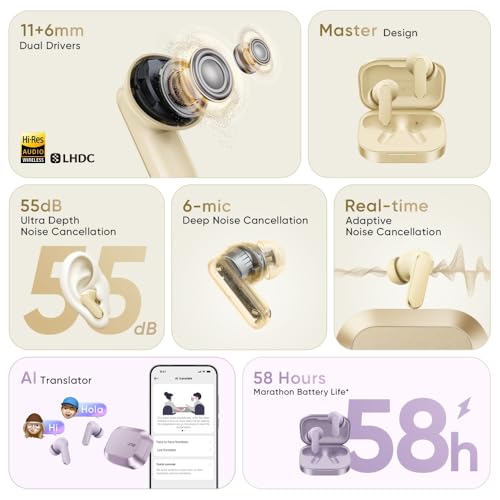realme Buds Air 8 in-Ear Wireless Earbuds, 55dB ANC, 58Hrs Playtime, Hi-Res LHDC, 360° Spatial Audio, 45ms Low Latency, IP55, BT v5.4 (Gold) - color: Gold