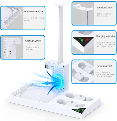 YUANHOT Vertical Xbox Series X Cooling Stand, Fan & 2-Battery Charger Dock | Includes 2*1400mAh rechargeable batteries, headset & disc storage,vertical fan cooling for Xbox Series X console & controller - color: White