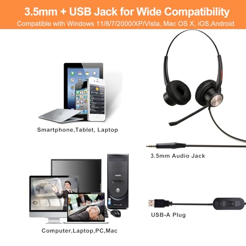 USB Headset with Noise Cancelling Microphone for PC, Laptop, Call Center/Office, Lightweight USB-A/3.5mm Audio Jack Headphones for Zoom, Teams, Webinar, Dragon, Remote Work, Online Meetings