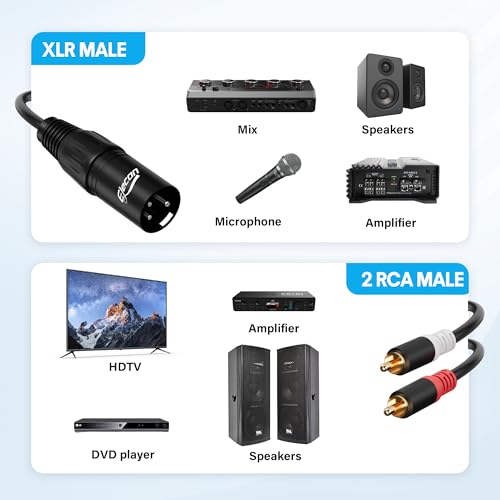 3-Pin XLR Male to 2 RCA Male Y Splitter Adapter Cable 15 Ft, Unbalanced Dual RCA to XLR Microphone Stereo Audio Interconnect Cable Patch Cord for Speaker Condenser Mic Mixer AMP +5 Ties - size: 15 FT, style: Male XLR to 2RCA