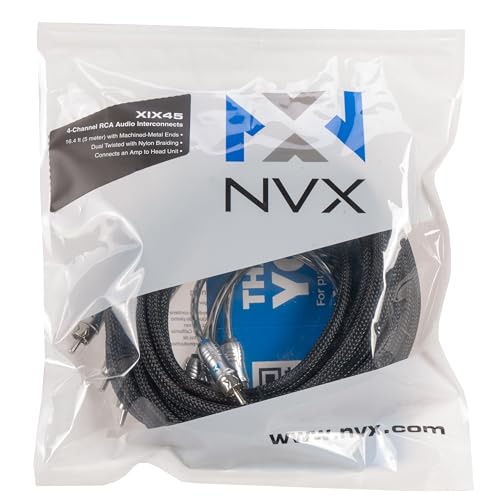 NVX® XIX45 16.4 ft (5 Meter) Oxygen Free Copper 4-Channel Double Twisted Pair X-Series Car Audio RCA Audio Interconnect Cable with Shielded Noise Reduction and Split-tip Silver-Plated Machined Ends | Oxygen Free Copper Double Twisted Pair X-Series with Sh