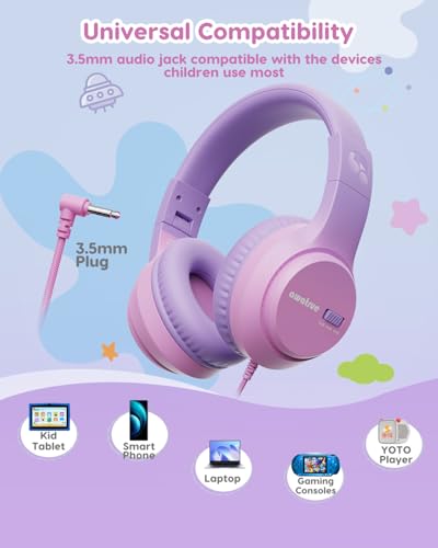 awatrue Kids Headphones for School, 74‑85‑94dB, 3.5mm Jack, HK07 | Foldable Wired Over Ear Headphones, for Toddler School/Travel/iPad/Tablet, Pink-Purple - color: Purple Pink