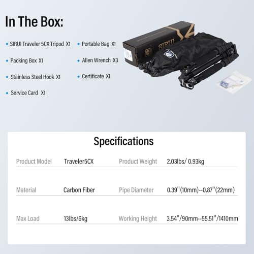 SIRUI Lightweight Carbon Fiber Travel Tripod, 52" Compact Camera Tripod with 360°Ball Head Kit, Detachable Center Column, Max Load 13.23lbs/6kg, Traveler 5CX - style: Carbon Fiber Tripod