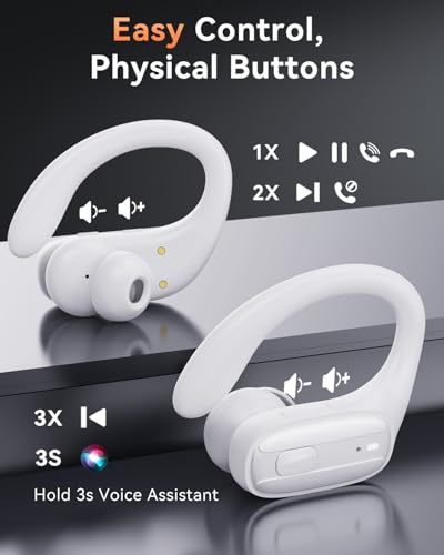LEEMC Wireless Earbuds, Bluetooth Headphones 5.4, 80Hr Playtime Ear Buds with Hooks for Sports, Noise Canceling, LED Display, IPX7 Waterproof Earphones for Workout Running, Purewhite