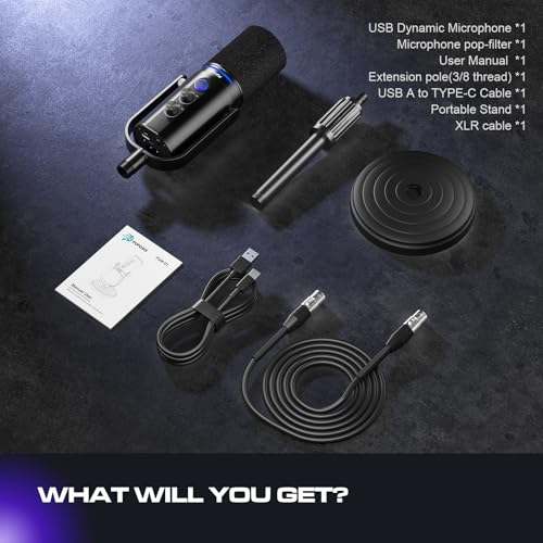 PUPGSIS Recording PC Microphone, Podcast Dynamic Mic with Mute Button, Reverb Effects, Headphones Jack, Desktop Stand, USB-C & XLR Outputs, USB Mic for Gaming, Streaming, Vocal, Voice-Over, Black