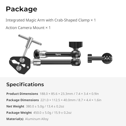 SMALLRIG Magic Arm with Super Clamp for Action Cameras, Camera Clamp Mount for GoPro Hero 13/12/11, for DJI Osmo Action 5 pro/4/3, for Insta360 Ace Pro 2, with 1/4" Screw for Monitor/LED Lights - size: 11''+action camera mount
