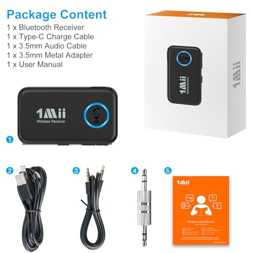 1Mii Bluetooth 5.3 Receiver for Car, AUX Bluetooth Car Adapter | Wireless Audio Receiver for Home Stereo/Wired Headphones, Volume Control, Hands Free Calls, 16H Battery Life - style: ML100 (Standard)