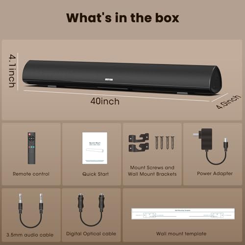 BESTISAN 100 Watt 40 Inch TV Sound Bar, Home Theater System Wired and Wireless Soundbar Speaker(Bluetooth 5.0, 105dB, Dsp Audio, Bass Adjustable, Wall Mountable) - color: 40 inch black