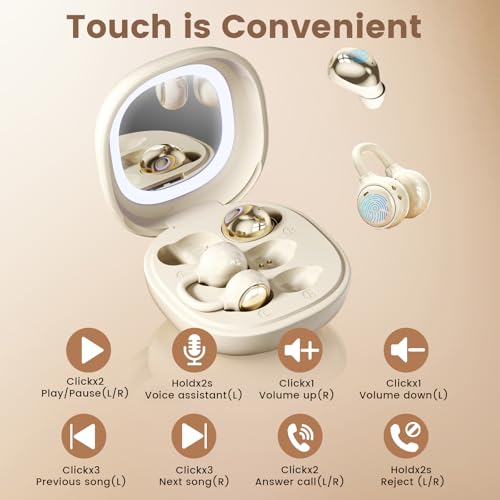 Wireless Clip-On Open Earbuds, Butterfly Earring Bluetooth Headphones with Heart-Shaped Charging Case & Makeup Mirror, 42H Playtime, Lightweight Earphones for Women, Sports, Gifts - color: Beige