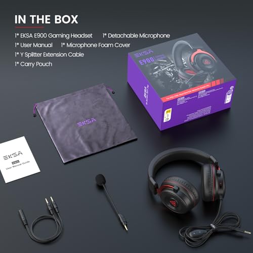 EKSA E900 Gaming Headset with Microphone - PC Headset with Detachable Noise Canceling Mic, 3D Surround Sound, Wired Headphone for PS4, PS5, Xbox, Computer, Laptop, Switch, Handheld (3.5MM Jack) - color: Red