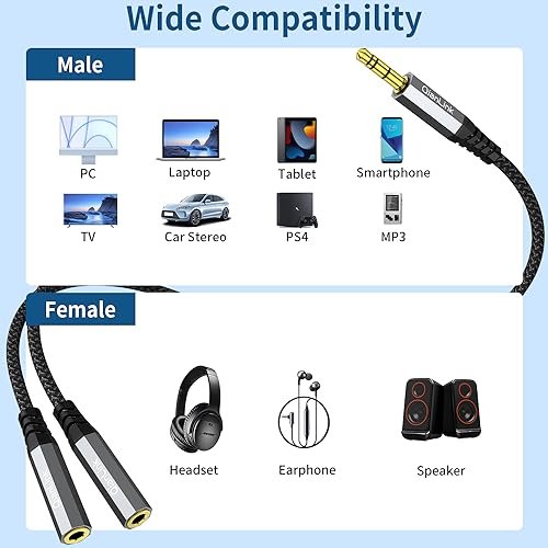 QianLink Headphone Splitter, 3.5mm Male to 2 Female Ports, 1ft/0.30m Extension Cable for PS4, PS5, Xbox, Switch, PC Gaming Headsets, Phone, Tablet & More