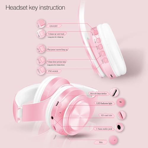 RAT TAIL V5.3 Bluetooth Headphones Over-Ear, Foldable Wireless and Wired Stereo Headset Micro SD/TF, FM for Cell Phone,PC,Soft Earmuffs &Light Weight for Prolonged Wearing (Pink) - color: Pink