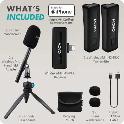 Movo WireL Mini DI-Duo Wireless Microphone for iPhone Podcast Equipment Bundle with WMX-HM Handle/Desktop Mic Stand - Wireless iPhone Mics for Podcasting, Interviews, and Content Creation - size: Lightning