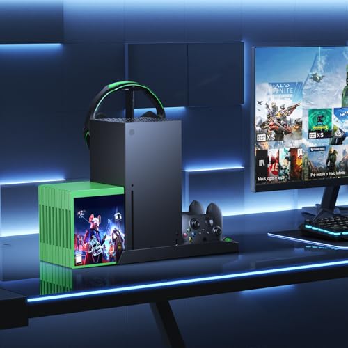 YUANHOT Vertical Xbox Series X Cooling Stand, Fan & 2-Battery Charger Dock | Includes 2*1400mAh rechargeable batteries, headset & disc storage,vertical fan cooling for Xbox Series X console & controller - color: Black