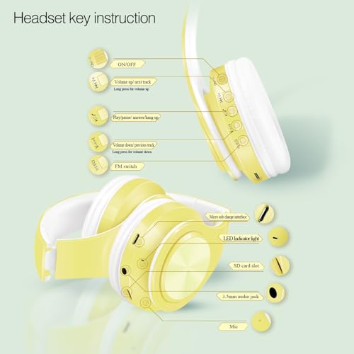 RAT TAIL V5.3 Bluetooth Headphones Over-Ear, Foldable Wireless and Wired Stereo Headset Micro SD/TF, FM for Cell Phone,PC,Soft Earmuffs &Light Weight for Prolonged Wearing (Yellow) - color: Yellow