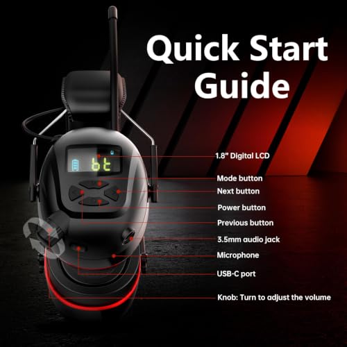 Bluetooth 6.0 AM/FM Hearing Protection, Radio Headphones with Digital Display, 30 SNR Noise Reduction Safety Earmuffs with Rechargeable 2000 mAh Large Battery, Ear Protector for Mowing Lawn Work - color: Red