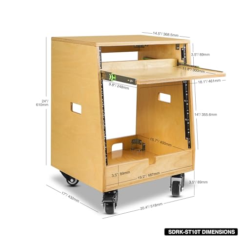 Sound Town DIY Slanted 10U Studio Rack (2U Top + 8U Lower), with 2U Bottom Storage, Slide-Out Tray, Caster, Plywood, Golden Oak For Recording Room, Home Studio (SDRK-ST10T) - size: 10U(2U Top + 8U Lower),Golden Oak