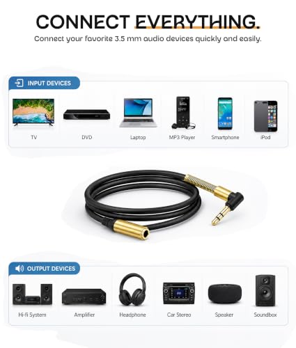 ULTRICS Headphone Extension Cable, 3.5mm Extension Cable, Right Angle Male to Female Headphone Jack Extender, AUX Cord Extender Compatible with Smartphone Tablet MP3 Speaker Headset Car Stereo (3M) - size: 3M