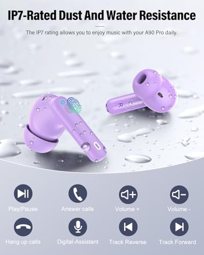 Wireless Earbuds, Bluetooth 5.4 Headphones Bass Stereo/Clear Calls, Purple | Ear Buds with Noise Cancelling Mic LED Display in Ear Earphones IP7 Waterproof 36H Bluetooth Earbuds for Phones/Sport/Laptop - color: Purple