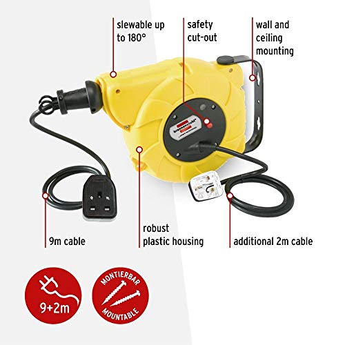 Brennenstuhl Automatic Cable Reel for Wall or Ceiling Mounting (9+2 m Retractable Cable, Robust Plastic Casing, Electrical Rewind, Slewable Up to 180°)