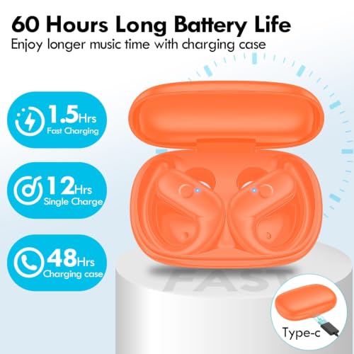 kurdene Wireless Earbuds Bluetooth Headphones with Secure Earhooks 60Hrs - color: Tangerine