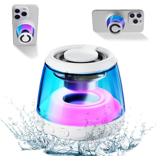 Magnetic Bluetooth Speaker,Induction Phone Stand,RGB Light White | 5W magnetic Bluetooth speaker with phone stand, RGB lights, IPX5 protection, TF card playback and a portable lanyard - color: White-1PCS