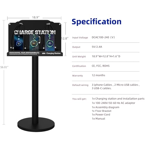 Floor Standing Cell Phone Charging Station with Fast Charigng Cables – 8 Device Charging Dock for Office, Hotel & Public Spaces | Compatible with iPhone ipad Smartphone Tablets Android Port (Black) - color: Black
