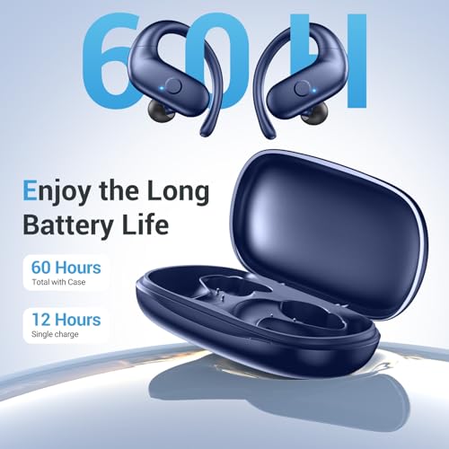Sport Wireless Earbuds,60Hrs BT5.4 ENC IPX7 Waterproof Earhooks Deep Bass | 14.2mm drivers deliver rich stereo sound. Soft silicone ensures a secure, painless fit for long workouts. - color: Blue