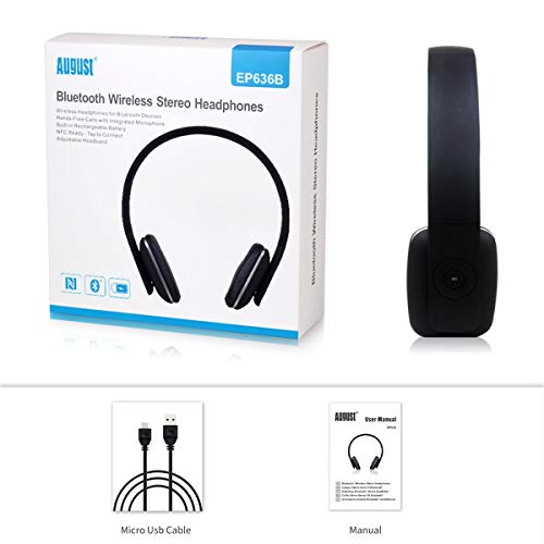 August EP636 Wireless Bluetooth On-Ear Headphones, Black | NFC Pairing, Built-in Headset Microphone, Hands-Free Calling - color: Black