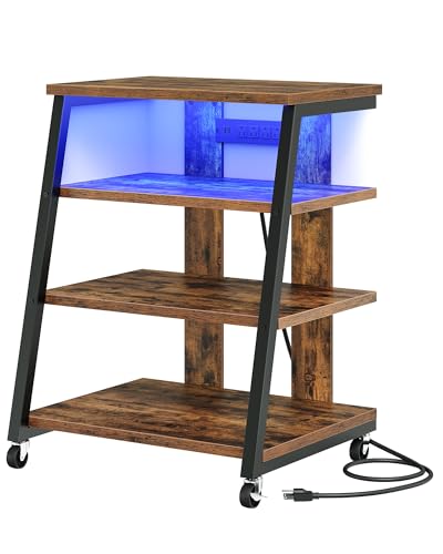 CHOEZON 4-Tier AV Media Stand with Wheels, Stereo Stands, Media Console Shelf with Power Strips, LED Lights, Wooden Audio Cabinet Rack Tower, Rustic Brown and Black TCJ60UDBF