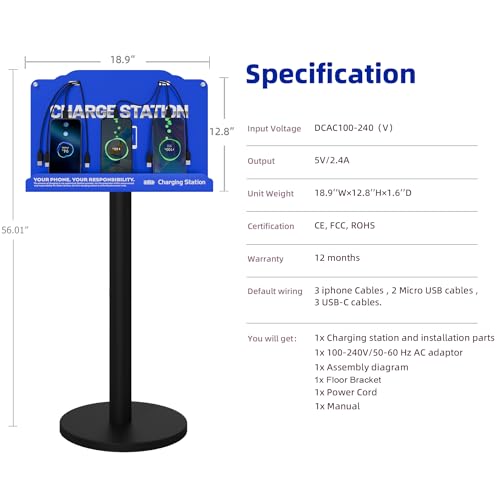 Floor Standing Cell Phone Charging Station with Fast Charigng Cables – 8 Device Charging Dock for Office, Hotel & Public Spaces | Compatible with iPhone ipad Smartphone Tablets Android Port (Blue) - color: Blue