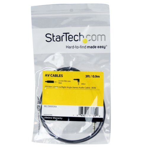 StarTech 3ft Slim 3.5mm Audio Cable, Right Angle, Male to Male (MU3MMSRA) | Aux Cable - size: 3 ft, style: 1 Angled Connector