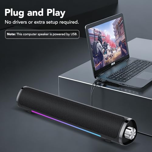 aowoka Computer Speakers, USB Powered PC Speakers, Hi-Fi Stereo Computer Sound Bar with Bluetooth & 3.5mm Aux, Computer Desktop Speaker with Multifunctional Knob,Gaming Speakers for pc, Laptop