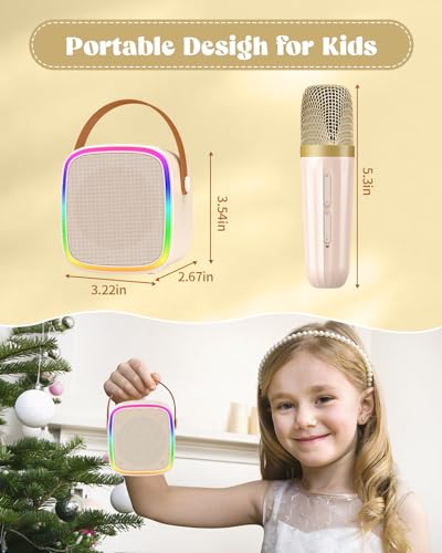 Mini Karaoke Machine with 2 Wireless Microphones Kids Toys | Portable Bluetooth Speaker for Kids Adults Toddler, Christmas Girls Toys for 4 5 6 7 8 9 10 12 Year Old Birthday Gift Ideas - color: Beige