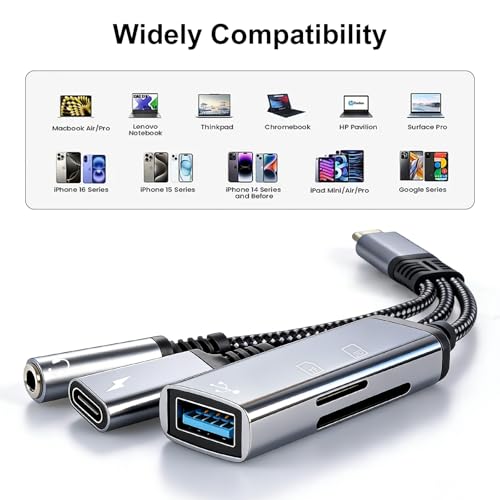 4-in-1 USB C to 3.5mm Headphone Audio Adapter with 60W PD Fast Charging, USB OTG Dongle & TF/SD Card Reader, Hi-Res DAC Splitter Compatible with iPhone15/16, iPadPro, MacBook, Galaxy S23 and most