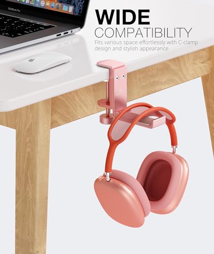 Foldable Headphone Stand and Hook β Aluminum Headset Holder Clamp Mount Under Desk, Universal Fit for Gaming Headphones, Space-Saving Hanger Organizer - color: Pink